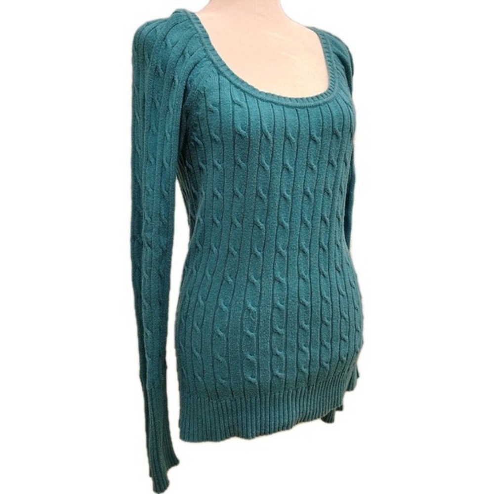 American‎ Eagle Sweater Women's Size Large Teal Cable Knit Fitted Scoop Neck Y2K